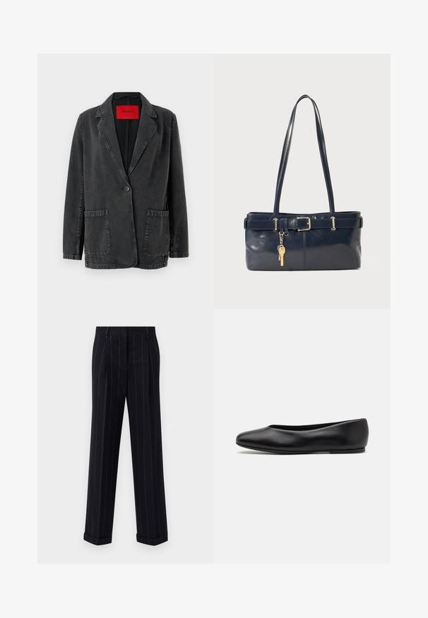 Black denim blazer with a notched lapel, single button closure, two front pockets, and a red branded label inside. Textured fabric.; Dark navy sweater with a round neckline, long raglan sleeves, ribbed cuffs, and a straight hem. Made from a soft, textured knit material.; Black pinstriped trousers with a tailored fit, featuring a cuffed hem and front pleats. Made of smooth fabric with a structured design.; Paul Smith TOPANGA - Ballet pumps - black; Navy leather handbag with two long handles, a buckle detail, and a keychain attached. Features a smooth texture and a rectangular shape.