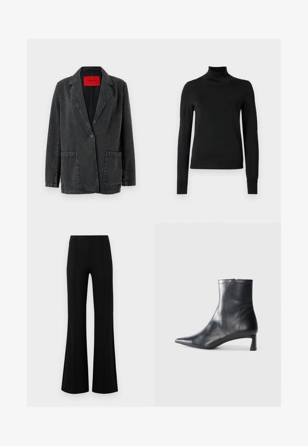 Blazer in denim nero con rever a punta, chiusura a un bottone, due tasche frontali e un'etichetta rossa con il logo all'interno. Tessuto texturizzato.; Pullover nero a maniche lunghe con collo alto, rifinito con polsini e orlo a coste, mostrato su uno sfondo bianco semplice.; Pantaloni neri a zampa d'elefante con vita alta, realizzati in tessuto elastico. Presentano dettagli di cucitura verticale nella parte anteriore e una texture liscia.; Stivaletto in pelle nera con punta affusolata e design elegante. Presenta un tacco basso e una chiusura con zip sul retro. Texture liscia.