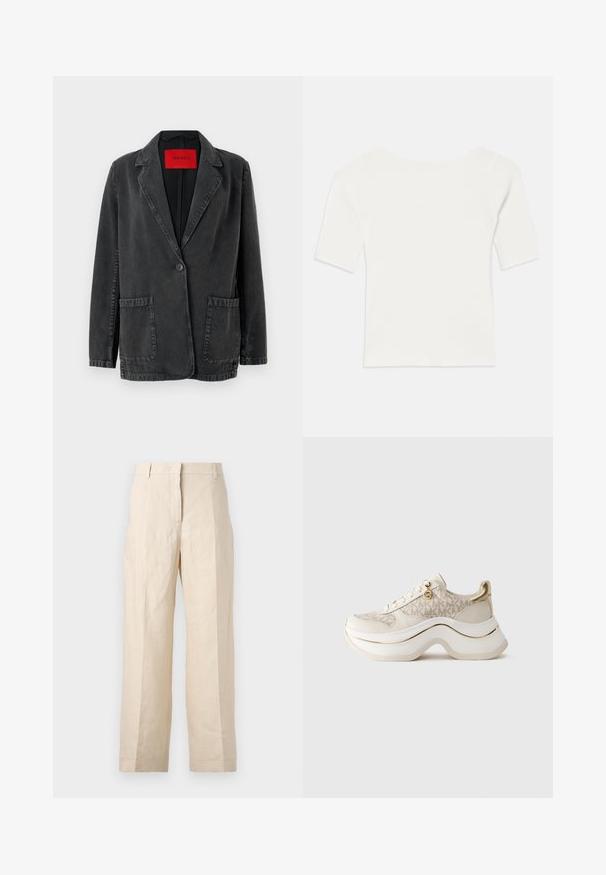 Fekete farmerblézer, kiképzett hajtókával, egysoros gombolással, két elülső zsebbel és belső, piros márkajellel. Strukturált anyag.; Fehér bordázott, rövid ujjú felső széles nyakkivágással. A textúrája függőleges csíkokkal rendelkezik, hangsúlyozva a szoros illeszkedést és az egyszerű dizájnt.; Beige len vászonnadrág laza fazonnal, plisszírozott elülső résszel és egyenes lábakkal. Jellemzője a derékpánt övhurkokkal és látható zsebek nélkül.; Beige és arany platform sneaker "MK" mintával, fűzős elejével, arany charm-mal és vastag, hullámos talppal sima háttér előtt.