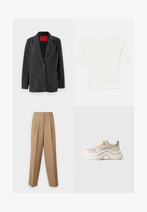 Melna džinsu žakete ar ieliekto apkakli, vienu pogu, divām priekšējām kabatām un sarkanu zīmola etiķeti iekšpusē. Ar teksturētu audumu.; Balts ribots īsām piedurknēm tops ar plašu dekoltē. Raksts ietver vertikālas līnijas, uzsverot ciešu piegulšanu un vienkāršu dizainu.; Bēšas stilīgas bikses ar augstu jostasvietu, kroku priekšpusi un platām kājām. Audums izskatās gluds ar vieglu spīdumu.; Bēša un zelta platforma kedu ar "MK" rakstu, auklēm, zelta piekariņu un biezu viļņotu zolīti uz vienkārša fona.