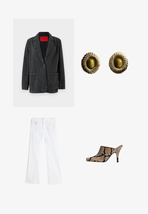 Zwarte denim blazer met een notch-kraag, eenknopsluiting, twee voorzakken en een rood merketiket aan de binnenkant. Geverfde stof.; Stradivarius ASYMMETRICAL - Longsleeve - white; Witte flared jeans van denim, met een knoop- en ritssluiting, twee voorkepers en een schoon, samenhangend ontwerp.; Open-toe muiltjes met een slangenprint in bruin en zwart. Voorzien van een elegante spitse neus en een slanke stilettohak. Textuurafwerking.; Gouden oorbellen met een spiraalontwerp en een centraal olijfgroen steen. Textuur, met een glanzende afwerking en cirkelvorm.