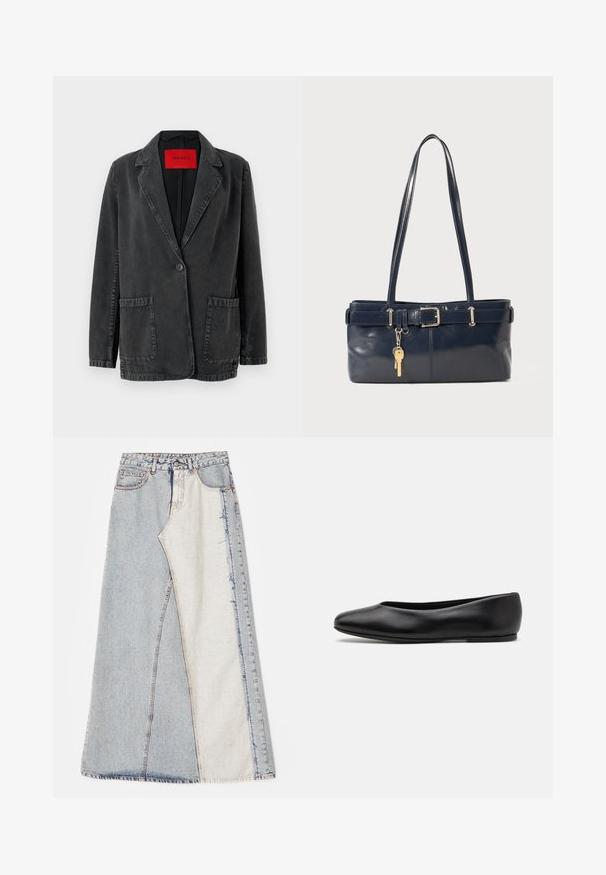 Schwarzer Denim-Blazer mit Reverskragen, einem Knopfverschluss, zwei vorderen Taschen und einem roten Markenetikett innen. Strukturierter Stoff.; Schwarzes Kurzarm-T-Shirt aus Baumwolle mit Rundhalsausschnitt und kleinem Logo auf der linken Brust. Glatte Textur und lockerer Schnitt.; Jeansrock mit einem Patchwork-Design in hell- und mittelblauen Abschnitten, ausgefransten Säumen und hoher Taille. Klassischer Fünf-Taschen-Stil.; Paul Smith TOPANGA - Klassischer Ballerina - black; Marineblaue Lederhandtasche mit zwei langen Griffen, einer Schnallen-Detailierung und einem daran befestigten Schlüsselanhänger. Besitzt eine glatte Textur und eine rechteckige Form.