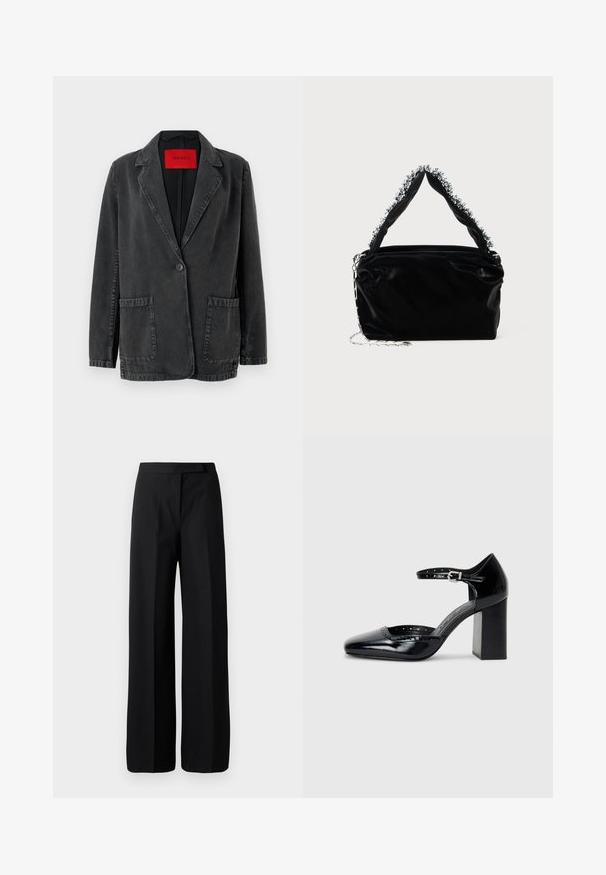 Svart denimblazer med slagkrage, enkel knappstängning, två framfickor och en röd märkesetikett inuti. Strukturerad tyg.; Vit bomull t-shirt med kort ärm, rund halsringning, avslappnad passform och söm i nederkant. Etikett synlig på insidan av halsen.; Breda svarta byxor med en slät, matt yta. Platt midjeband utan synlig hårdvara eller mönster. Enkelt och elegant design.; Svarta lackläders högklackade skor med fyrkantig tå, ankelrem och kraftig klack. Inkluderar perforerad detaljering längs kanten.; Svart handväska i konstläder med en strukturerad yta, med en pärlbesatt silverdetalj längs det övre handtaget och ett kedjestropp.