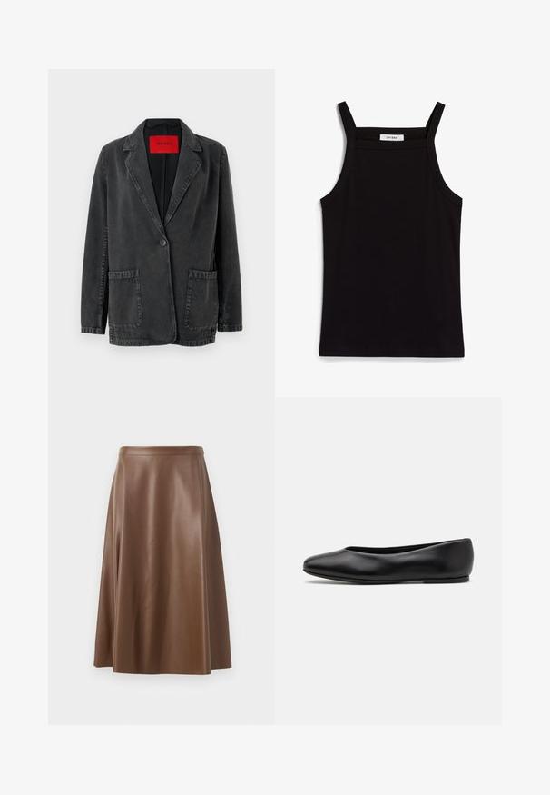 Blazer en denim noir avec un revers cranté, fermeture à un bouton, deux poches avant et une étiquette de marque rouge à l'intérieur. Tissu texturé.; Débardeur noir à fines bretelles, en tissu côtelé, avec une coupe droite et une étiquette au niveau du col indiquant "IVY OAK."; Jupe A-line en cuir marron avec une texture lisse et un ourlet mi-long. Présente une taille ajustée et une légère évasement depuis les hanches.; Paul Smith TOPANGA - Ballerines - black