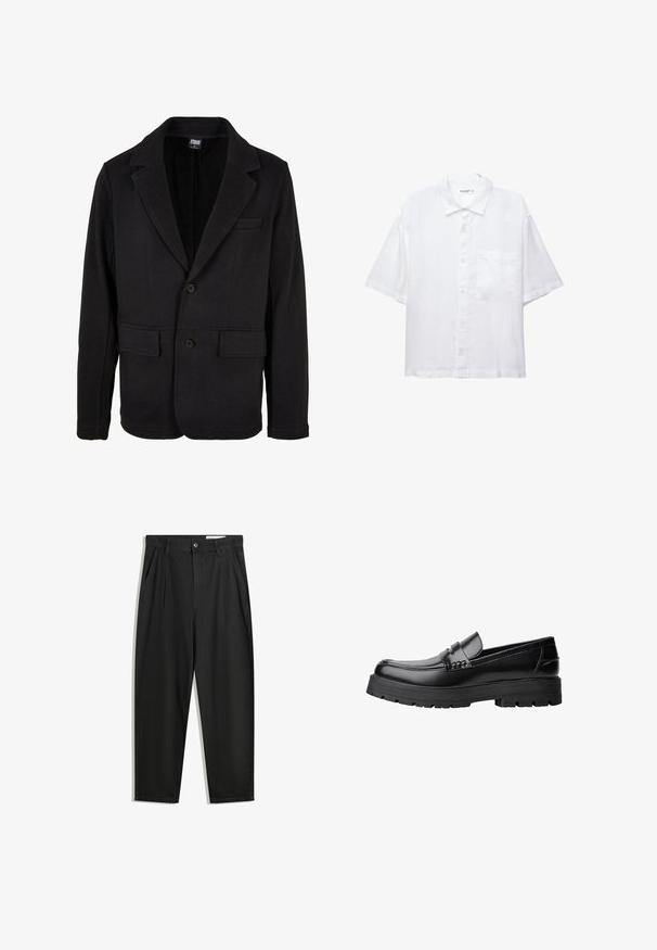 Jachetă bleumarin din țesătură moale, cu guler decupat, două buzunare frontale și închidere cu două butoane. Design clasic cu textură minimă.; Cămașă albă cu mânecă scurtă, cu închidere butonată în față, guler și un singur buzunar pe piept. Confecționată dintr-un material ușor, cu o textură netedă.; Pantaloni negri din bumbac cu croială lejeră, având un brâu clasic, plii frontale și buzunare laterale. Textură netedă fără modele.; Mocasini din piele neagră, cu talpă groasă și profilată și bandă decorativă pe partea superioară, prezentati din profil stâng pe fundal alb.