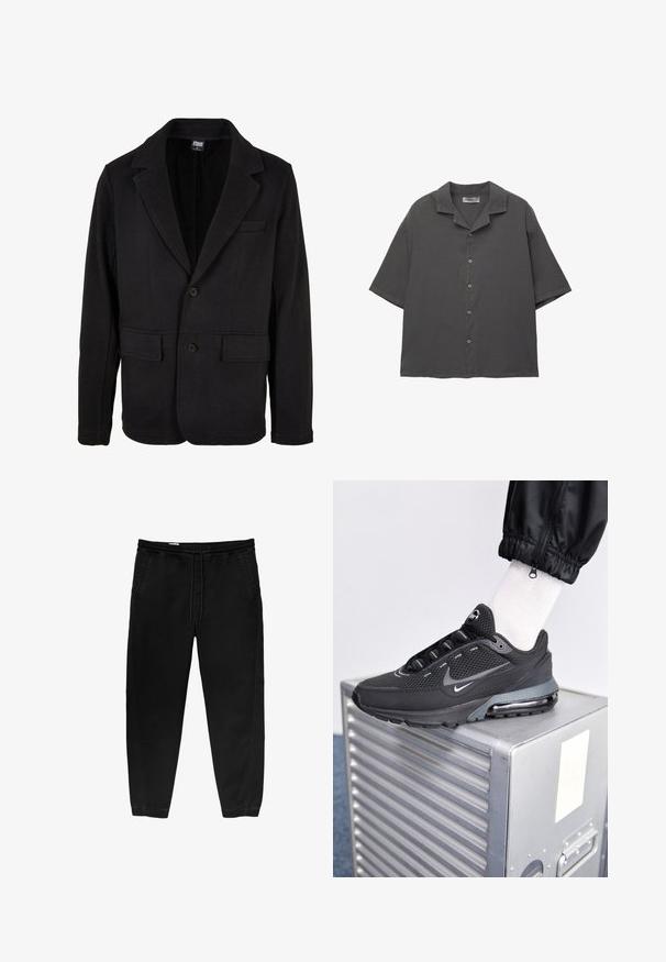 Czarna marynarka wykonana z miękkiego materiału, z klapami, dwoma przednimi kieszeniami i zapięciem na dwa guziki. Klasyczny design charakteryzuje się minimalną teksturą.; Koszula z krótkim rękawem, zapinana na guziki, w ciemnoszarym materiale. Posiada kołnierz typu camp, prosty krój i subtelną teksturę. Pięć guzików z przodu.; Czarne spodnie z elastycznym paskiem i sznurkiem, zwężane nogawki, boczne kieszenie oraz subtelne detale szwów po bokach. Miękka bawełniana tkanina.; Nike Sportswear PULSE czarny