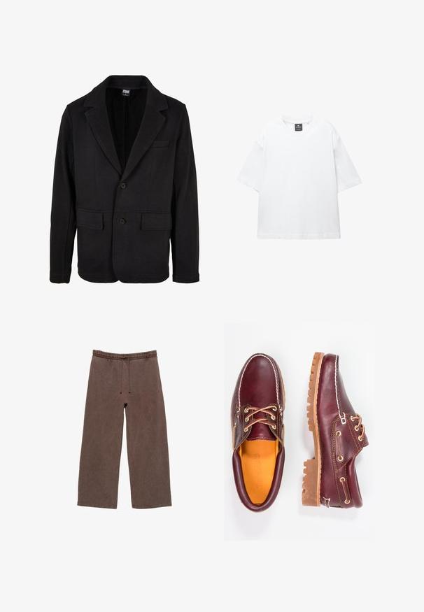 Črn blazer jopič iz mehkega blaga z zareznim ovratnikom, dvema sprednjima žepoma in zapiranjem na dva gumba. Klasična zasnova se ponaša z minimalno teksturo.; Bela majica s kratkimi rokavi iz bombaža, z okroglo ovratnikom in sproščenim krojem ter ravnim robom. Brez vzorcev ali okrasnih elementov.; Rjave bombažne trenirke z elastičnim pasom, nastavljivo vrvico, širokimi nogami in minimalnimi podrobnostmi šivanja.; Burgundske usnjene čevlje z rjavimi gumijastimi podplati, okrogla kapica, beli šivi in zlate luknje za vezalke. Notranjost je obložena s rumeno podlogo.