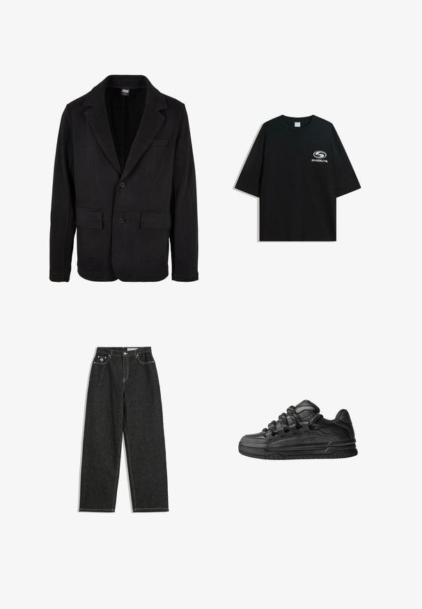 Czarna marynarka wykonana z miękkiego materiału, z klapami, dwoma przednimi kieszeniami i zapięciem na dwa guziki. Klasyczny design charakteryzuje się minimalną teksturą.; Czarna, oversize bawełniana koszulka z okrągłym dekoltem i krótkimi rękawami, z białym logo "Shibuya" nadrukowanym na przodzie.; Czarne jeansy o prostym kroju z białym przeszyciem, pięć kieszeni, zapięcie na guzik i zamek, oraz małe logo na prawej przedniej kieszeni.; Czarne sneakersy z gładką skórzaną cholewką, teksturowanymi akcentami i okrągłymi czarno-białymi sznurowadłami. Gruba gumowa podeszwa z wzorzystym bieżnikiem.