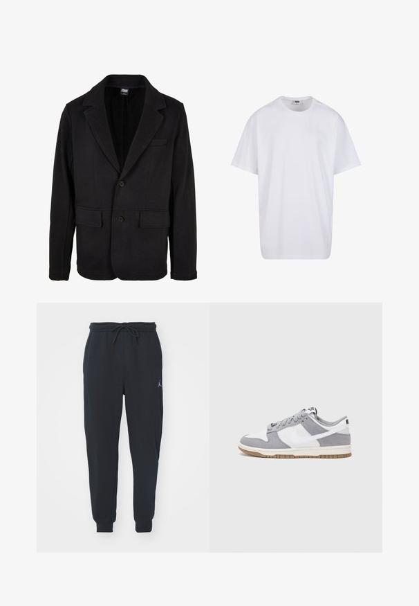 Juodas švarkas, pagamintas iš minkštos medžiagos, su įpjovimu apykakle, dviem priekinėmis kišenėmis ir dviejų mygtukų užsegimu. Klasikinio dizaino, turinčio minimalų tekstūrą.; Balta medvilninė marškinėlių užsagėlė su trumpomis rankovėmis, apvaliu kaklu, laisva forma ir be matomų logotipų ar raštų. Lygi tekstūra ir minimalus dizainas.; Juodi sportiniai džinsai, pagaminti iš minkštos medžiagos, su elastingu juosmeniu ir raišteliu, su įsiūtomis rankovėmis ir mažu logotipu kairiajame šlaunyje.; Pilka ir balta sportinė avalynė su zomšiniu ir odiniu viršumi, suapvalintu pirštu, plokščiomis raištelėmis ir guminėmis padais su guminiu akcentu.
