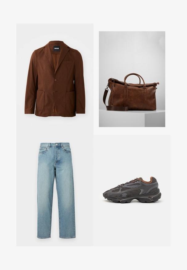 Rudas raštuotas bleiseris su įpjovomis apykaklėmis, dviem priekiniams kišenėmis ir vienu mygtuku. Pagamintas iš tekstūruoto audinio. Tinkamas kasdieniam dėvėjimui.; Juodas megztinis su apykakle, su rausvais rankogaliais ir apačia, su mažuoju žaliu krokodilo logotipu kairėje krūtinės pusėje. Minkšta tekstūra.; Šviesiai mėlynos džinsinės kelnės su laisvu siluetu, tiesiomis kojomis, penkių kišenių dizainu ir sagčių uždarymu juosmens srityje. Minimalistinis siuvinėjimo akcentas.; Lacoste sportbačiai tamsiai pilki, pagaminti iš tinklinės ir sintetinių medžiagų, su tekstūruotu padu ir rudomis detalėmis ant apykaklės bei prekės ženklo.; Ruda odinė sportinė kuprinė su užtrauktuku, dviem rankenomis, reguliuojamu peties diržu ir matomais tekstūros raštais paviršiuje.