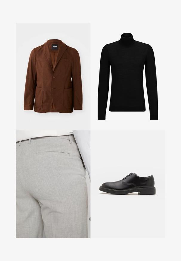 Ruskea kuviollinen bleiseri, jossa on leikattu kaulus, kaksi etutaskua ja yksi napitus. Valmistettu teksturoidusta kankaasta. Soveltuu vapaa-aikaan.; Mustahuivi neule, joka on valmistettu pehmeästä materiaalista, jossa on pitkät hihat ja tiukka istuvuus. Ribbaus reunassa ja hihansuissa. Yksinkertainen muotoilu.; Vaaleanharmaat räätälöidyt housut tekstuuripintaisesta kankaasta, joissa on yksi takatasku ja siistit saumat.; Mustat nahkasaappaat, joissa on pyöreä kärki, sileä pinta, minimaalinen ommel ja matala kumipohja. Logo kannassa.