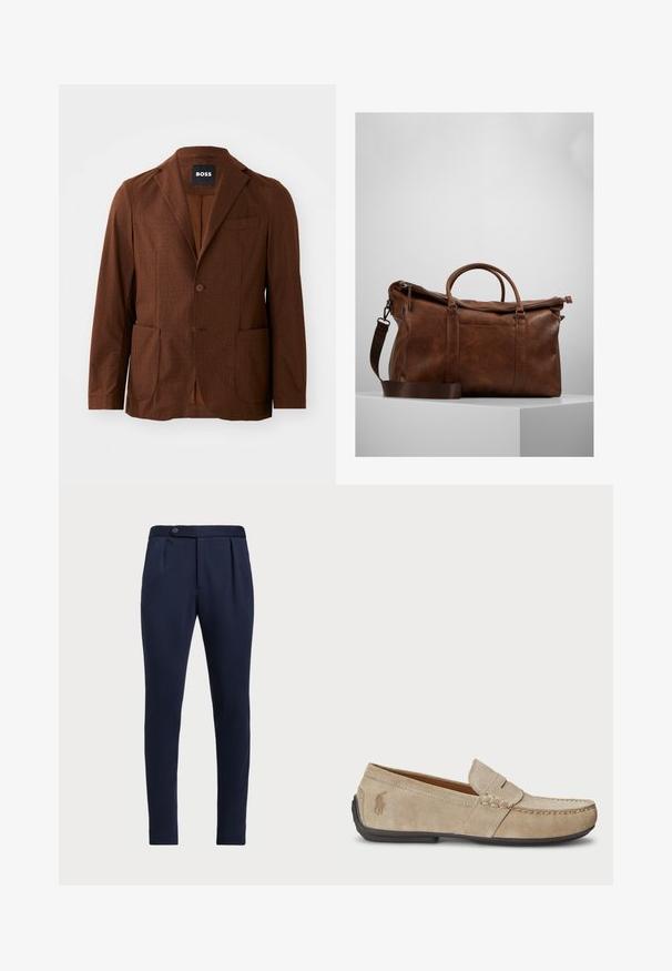 Brūns rakstains žakets ar izgriezumiem, divām priekšējām kabatām un vienu pogu. Izgatavots no teksturēta auduma. Piemērots ikdienas valkāšanai.; Gai zilo un baltu svītrotu krekla ar pogām, klasiskām apkaklēm, garām piedurknēm un mazu izšūtu logo uz krūtīm.; Tumši zila piegriezuma bikses ar plakanu priekšpusi, diviem priekšējiem izgriezumiem un vienu pogu, ar gludu, teksturētu audumu.; Beige zamšveida loaferi ar izšūtu detaļu, platu gumijas zoli un mazu logo sānos. Klasisks viegli uzvelkamais dizains, mīksta tekstūra.; Brūna ādas ceļojumu soma ar rāvējslēdzēju, dubultām rokturiem, regulējamu plecu siksnu un redzamām tekstūras rakstu zīmēm virsmā.