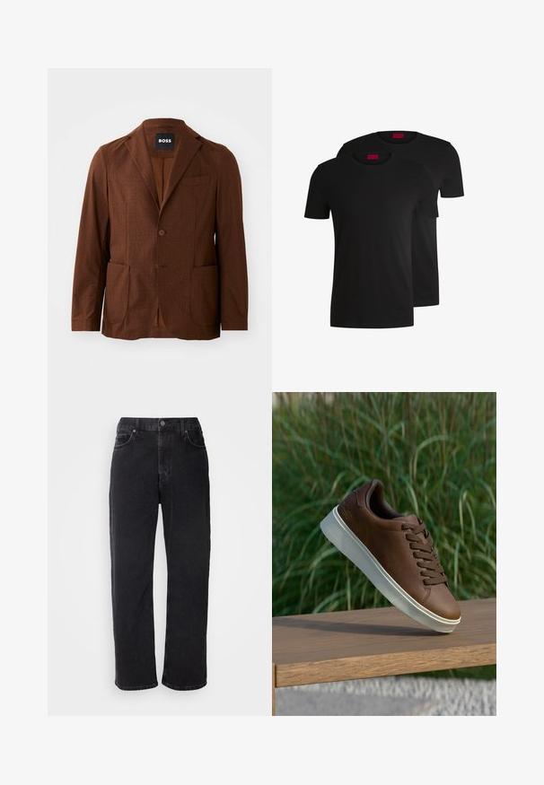 Brauner Blazer mit Muster, mit Reverskragen, zwei vorderen Taschen und einer einzigen Knopfverschluss. Aus strukturiertem Stoff gefertigt. Eignet sich für legere Anlässe.; Zwei schwarze Baumwoll-T-Shirts mit kurzen Ärmeln und Rundhalsausschnitten. Beide haben ein rotes Markenlabel am Hals. Einfaches, klassisches Design.; Schwarze Jeans aus Denim mit geradem Schnitt, fünf Taschen und kontrastierenden Nähten. Verfügt über einen Knopfverschluss und Gürtelschlaufen am Taillenbund.; Braune Ledersneaker mit weißer Gummisohle, runder Zehenform und braunen Schnürsenkeln. Strukturierte Grip-Oberfläche auf der Sohle und glatte Verarbeitung im oberen Bereich.