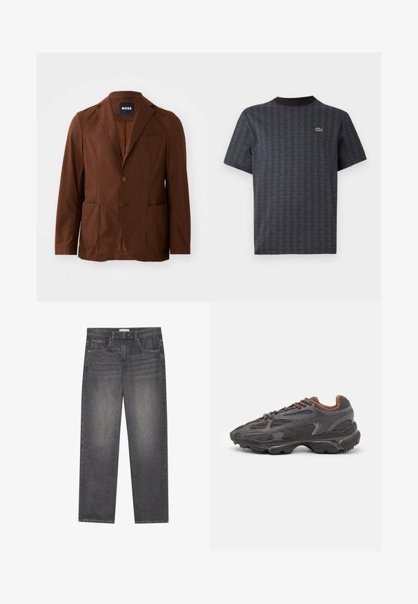 Hnědý vzorovaný blejzr s klopami, dvěma předními kapsami a jednobutton uzávěrem. Vyroben z texturované tkaniny. Vhodný pro neformální nošení.; Černé tričko s krátkým rukávem s geometrickým vzorem a zeleným logem krokodýla, s pevným černým kulatým výstřihem.; Tmavě šedé džíny z denimu se rovnýmsakem, které mají pět kapes, zapínání na knoflík v přední části a jemné blednutí na látce.; Sněrovací boty Lacoste v tmavě šedé barvě s síťovinou a syntetickým materiálem, prezentující texturovanou podrážku a hnědé detaily na límci a logu.