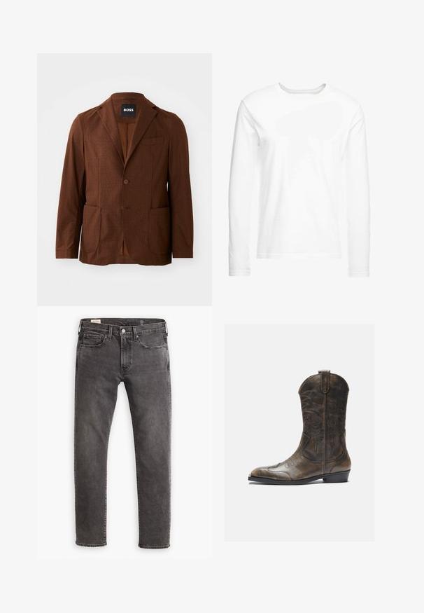 Brązowa marynarka w deseń, z klapami typu notch, dwoma przednimi kieszeniami i jednym guzikiem z przodu. Wykonana z teksturowanej tkaniny. Odpowiednia na co dzień.; Biała koszulka z długim rękawem, wykonana z miękkiej bawełny. Okrągły dekolt, proste brzegi, bez widocznych wzorów czy grafik.; Szare dżinsy z prostym krojem, pięcioma kieszeniami i zapięciem na guzik. Posiadają delikatne przetarcia oraz tonalne przeszycia.; Brązowy skórzany kowbojski but z wysoką cholewką, spiczastym noskiem, skomplikowanymi wzorami haftu i małym obcasem. Teksturalne wykończenie na całej powierzchni.