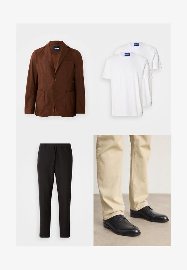 Rudas raštuotas bleiseris su įpjovomis apykaklėmis, dviem priekiniams kišenėmis ir vienu mygtuku. Pagamintas iš tekstūruoto audinio. Tinkamas kasdieniam dėvėjimui.; Baltos medvilninės marškinėlės, su apvaliu kaklu ir trumpomis rankovėmis, pažymėtos mėlynomis "HUGO" etiketėmis kaklo srityje ir mažomis detalėmis ant apatinės dalies.; Juodi džinsai, pagaminti iš lygaus audinio. Yra elastinė juosmens juosta su raišteliu, siaurėjantys džinsai, be matomų kišenių. Paprastas dizainas.; Juodos odinės bateliai su raišteliais, su apvaliu pirštu, lygia danga ir subtiliomis siuvimo detalėmis, dėvimi su šviesiai smėliniais kelnėmis.
