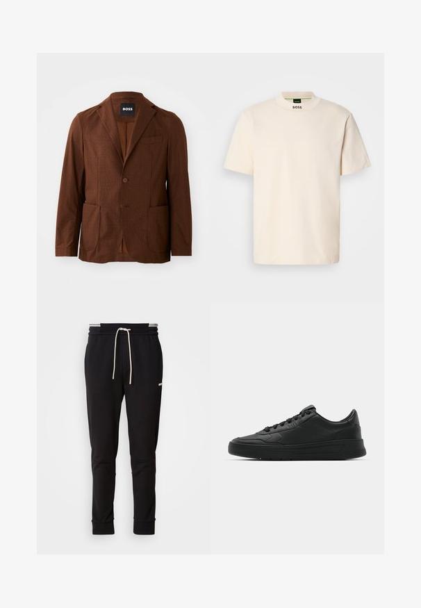 Brun mönstrad kavaj med slag, två framfickor och en enkel knappstängning. Tillverkad av texturerat tyg. Lämplig för avslappnad användning.; Krämfärgad kortärmad t-shirt med hög krage, med "BOSS" tryckt i svart på framsidan av halsringningen och inuti etiketten.; Svarta slim-fit joggerbyxor med vit dragsko, ribbade muddar och subtil logotyp på övre låret mot en neutral bakgrund.; Svart sneaker med slät läderöverkänsla, rund tå, platta snören, vadderad krage och minimalistisk design. Gummisula med subtilt mönster.