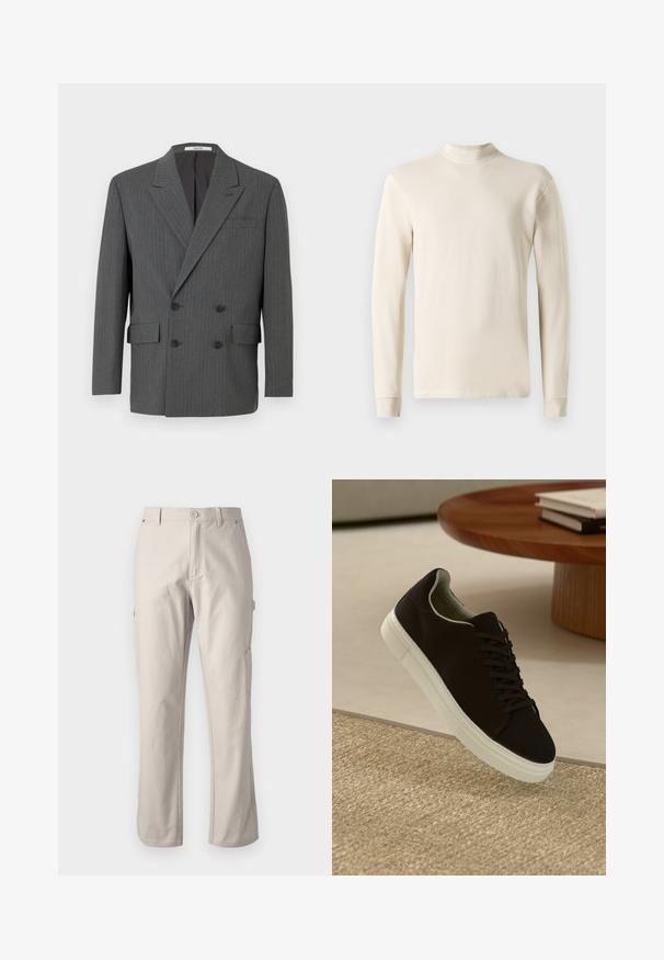 Blazer double peito cinza escuro com finas riscas verticais, três botões pretos de cada lado e bolsos frontais com aba.; Camisola de gola alta em creme de mangas longas feita de um tecido de algodão suave, apresentando um design ajustado e um decote canelado com bainhas rectas.; Calças cargo bege feitas de algodão resistente, com pernas retas, fecho frontal com botão e bolsos laterais para utilidade. Textura suave com costura discreta.; Sneaker preto com sola branca flutuando acima de um tapete texturizado bege, perto de uma mesa redonda de madeira com livros empilhados.