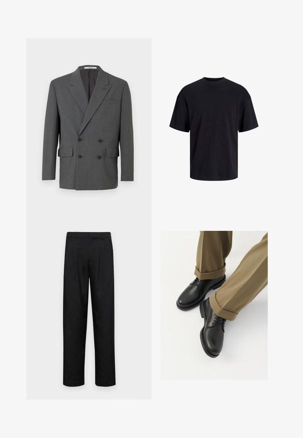 Dark grey double-breasted blazer with subtle vertical pinstripes, three black buttons on each side, and front flap pockets.; Black cotton t-shirt with a crew neckline, short sleeves, and a relaxed fit. Smooth texture and no visible patterns or accents.; Black trousers made of smooth fabric, featuring a straight-leg design, two front pleats, and standard waistband with belt loops.; Black leather dress shoes with a smooth finish, featuring laces and a rounded toe, paired with rolled-up khaki trousers.