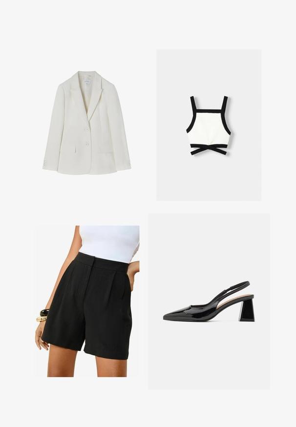Blazer bianco su misura con rever a punta, due tasche frontali e chiusura a due bottoni. Tessuto liscio con una leggera trama. Taglia 36.; Bralette sportivo in bianco e nero con spalline regolabili, design aderente e schiena incrociata. Realizzato in materiale elastico e testurizzato.; Friends Like These REGULAR FIT - TAILORED ELASTIC BACK - Shorts - black; Décolleté nera in vernice con punta affusolata, caratterizzata da un unico tacco a blocco geometrico e una superficie liscia. Cinturino regolabile per supporto.