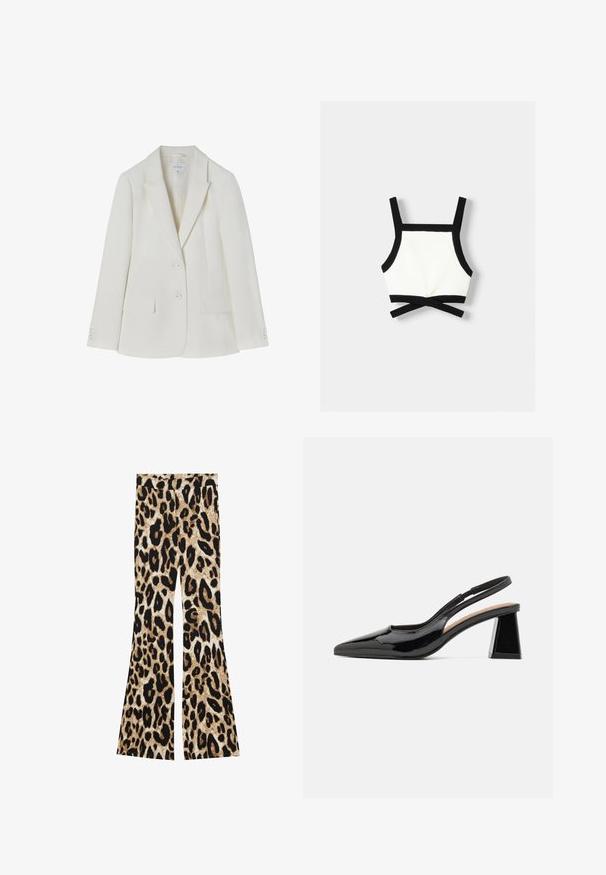 Witte getailleerde blazer met een notch lapel, twee voorzakken en een sluiting met twee knopen. Glad materiaal met een subtiele textuur. Maat 36.; Zwart-witte sport bralette met verstelbare banden, een aansluitend ontwerp en crisscross rugdetail. Gemaakt van rekbaar, gestructureerd materiaal.; Uitlopende broeken met een luipaardprint in zwart en bruin tinten, geribbelde textuur en een hoge taille.; Zwarte gepatineerde slingback hakken met een spitse neus, voorzien van een unieke geometrische blokhak en een gladde textuur. Verstelbare band voor ondersteuning.