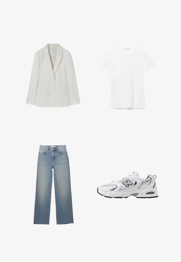 Fehér, fazonra szabott blézer, kiszélesedő hajtókával, két első zsebbel és két gombos záródással. Sima anyag, finom textúrával. 36-os méret.; Fehér, rövid ujjú póló sima anyagból, kerek nyakkivágással és diszkrét varrási részletekkel az alján.; Világoskék, bő szárú farmernadrág, magasan illeszkedő derékkal, elülső zsebekkel és gombos záródással. Sima textúra, fakó részekkel.; Fehér sportcipő hálós felsőrészével, sötétkék kiegészítőkkel és párnázott talppal. Jellemzője az "N" logó, a fűzők és a textúrázott részlet az oldalon.