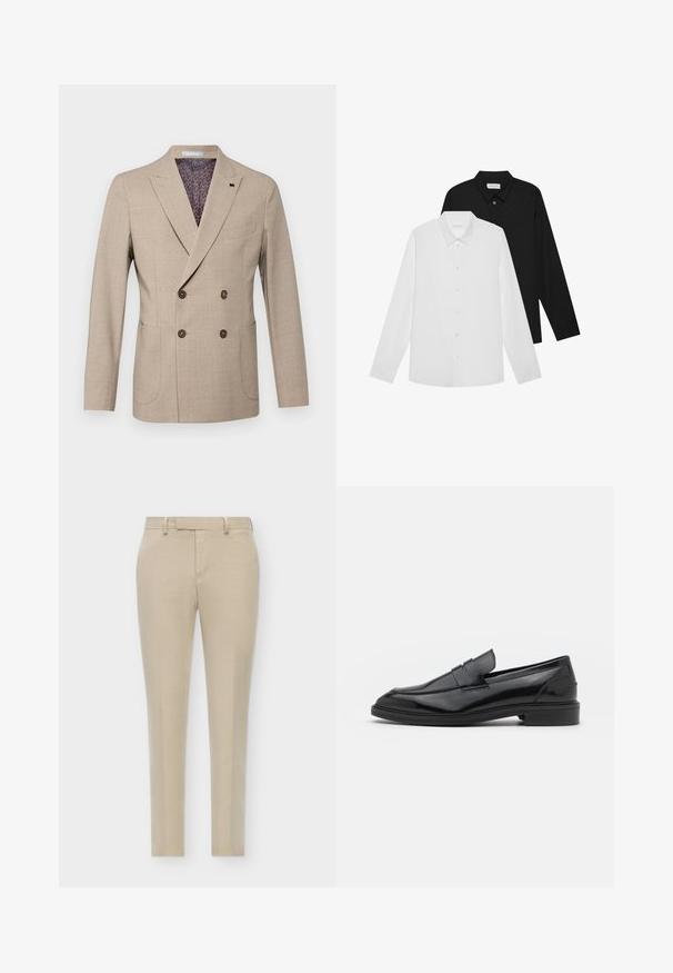 Michael Kors - Marynarka garniturowa; Białe i czarne koszule z długim rękawem, z zaostrzonymi kołnierzykami, guziki z przodu oraz gładką fakturą materiału. Metki widoczne na wewnętrznej stronie kołnierza.; Beżowe spodnie o dopasowanym kroju, z płaskim przodem, dyskretnymi kieszeniami bocznymi oraz gładkim, teksturowanym materiałem.; Czarne skórzane mokasyny o gładkim wykończeniu, z zaokrąglonym noskiem i wąskim paskiem na górze. Niski, warstwowy obcas.