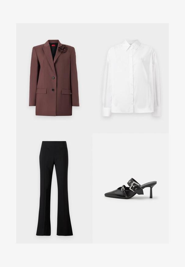 Blazer marron avec un design structuré, fermeture à un bouton, poches avant et un accent de fleur en tissu sur le col. Texture lisse.; Chemise blanche à manches longues, en mélange de coton lisse. Présente un col classique, une fermeture à boutons sur le devant et des poignets arrondis.; Pantalons évasés noirs en tissu lisse avec une taille haute, dotés de deux poches arrière et d'un pli sur le devant de chaque jambe.; Mules noires à talons hauts avec un bout pointu, en cuir lisse. Dotées d'une large sangle à la cheville avec une boucle carrée en argent et des clous.