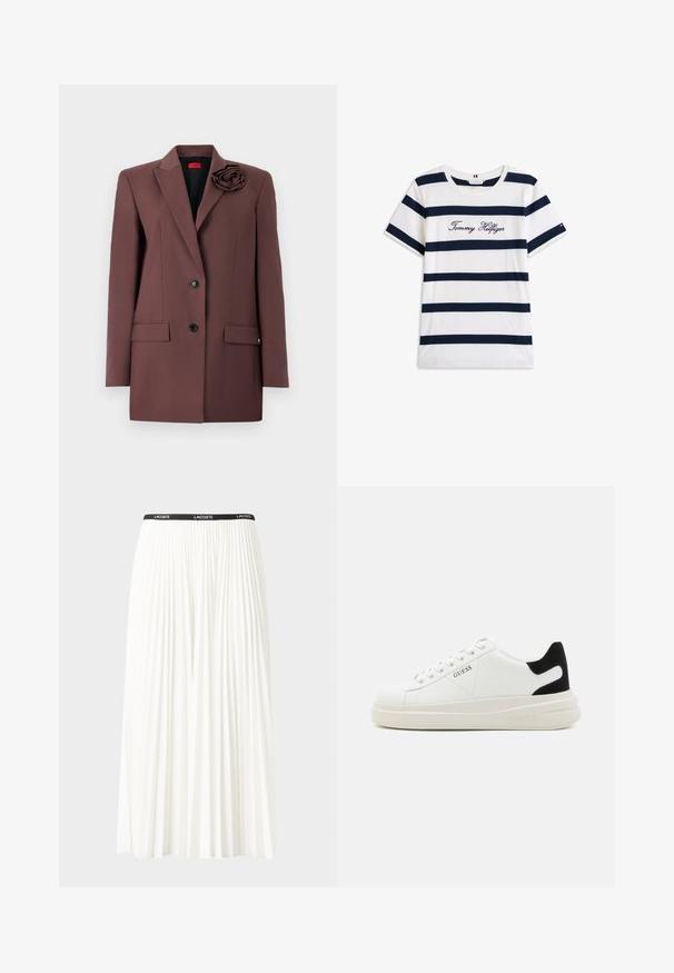 Hnědý blazer se strukturovaným designem, s jedním knoflíkovým zapínáním, předními kapsami a látkovou květinovou dekorací na límci. Hladká textura.; Bavlněné tričko s horizontálními námořnickými pruhy na bílém pozadí. Na hrudi je výšivka "Tommy Hilfiger" v kurzívě. Kulatý výstřih.; Záhybová bílá sukně s černým elastickým pasem s logem "LACOSTE". Suška je střední délky a má jemnou texturu.; Bílé kožené tenisky s tlustou bílou podrážkou, černým semišovým akcentem na patě a vyraženým logem na boku. Šněrovací design se šesti očka.