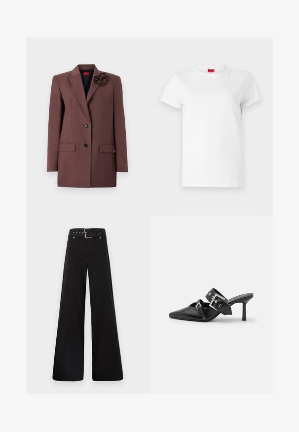 Barna blézer struktúrált kialakítással, egygombos záródással, elülső zsebekkel és szövet virág díszítéssel a galléron. Sima textúra.; Fehér, rövid ujjú póló, könnyű pamutból készült. Kerek nyakkivágással és felgöngyölt ujjakra rendelkezik. Piros logós címke a galléron.; Fekete, bő szárú nadrág, pamutból készült, magas derékkal, nagy oldalsó zsebekkel és ezüst színű hardverelemekkel ellátott övvel.; Fekete magassarkú mules, hegyes orral, sima bőrből készült. Széles bokapántja van, négyzet alakú ezüst csattal és szegecsekkel.
