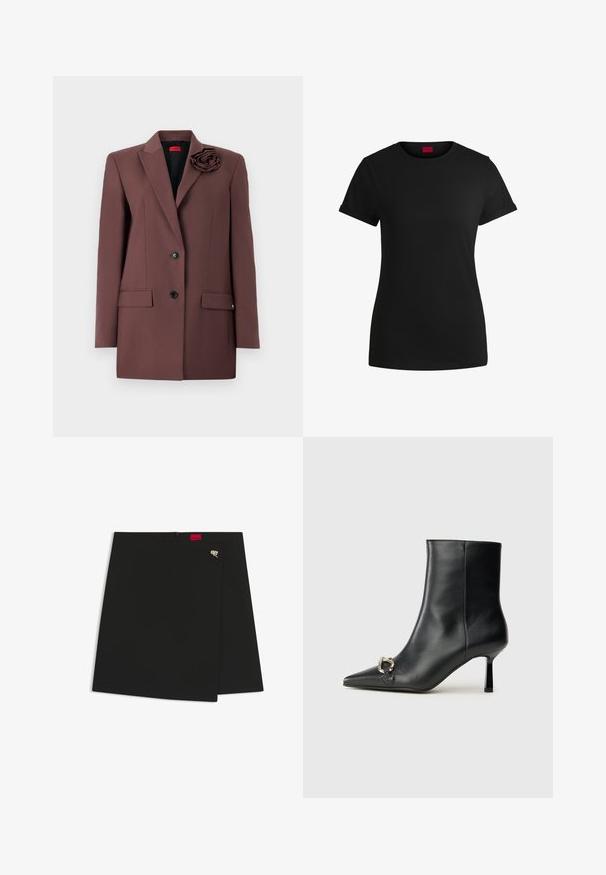 Brun blazer med en struktureret design, enkeltknaplukning, forlommer og en stofblomst som accent på kraven. Glat tekstur.; Sort bomulds T-shirt med korte opklappede ærmer, rund halsudskæring og et rødt mærke. Glat tekstur, tætsiddende form med minimal detaljer.; Sort indpakningsskørt med en glat tekstur, der har et rødt logo-tag og en sølv hardwaredetalje. Simpelt design med en ren skæring.; Sort læder ankelstøvle med spidse tæer, slank hæl i mellemhøjde og sølvspænde detaljer på siden mod en ensfarvet baggrund.