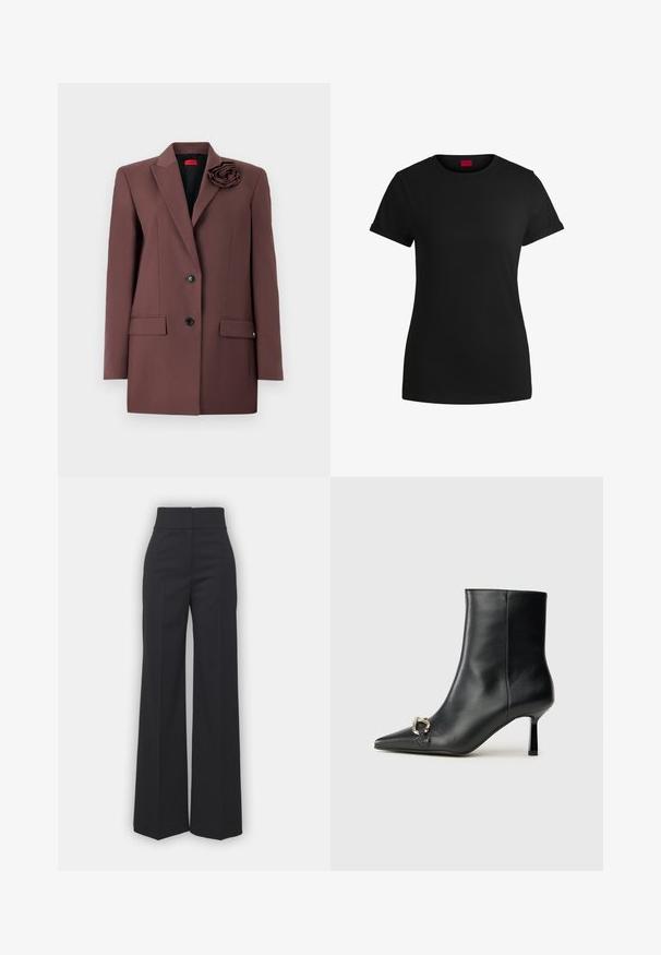 Brun blazer med en struktureret design, enkeltknaplukning, forlommer og en stofblomst som accent på kraven. Glat tekstur.; Sort bomulds T-shirt med korte opklappede ærmer, rund halsudskæring og et rødt mærke. Glat tekstur, tætsiddende form med minimal detaljer.; Bredbenede bukser i sort stof med høj talje, der har en ren finish og glat tekstur. Ingen synlige detaljer eller mønstre.; Sort læder ankelstøvle med spidse tæer, slank hæl i mellemhøjde og sølvspænde detaljer på siden mod en ensfarvet baggrund.