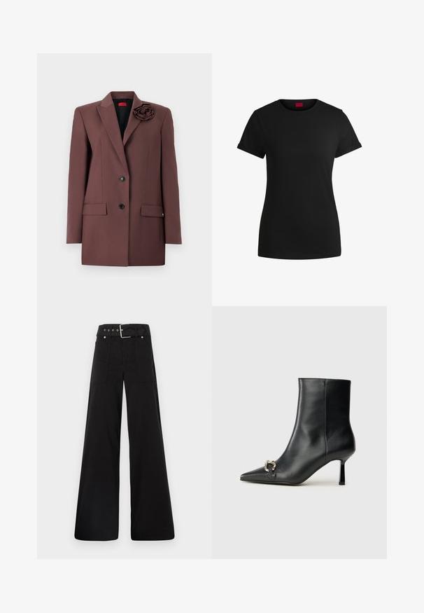 Brauner Blazer mit strukturiertem Design, Ein-Knopf-Verschluss, Fronttaschen und einem Stoffblumenakzent am Kragen. Glatte Textur.; Schwarzes Baumwoll-T-Shirt mit kurzen, aufgerollten Ärmeln, rundem Halsausschnitt und rotem Etikett. Glatte Textur, taillierte Form mit minimalen Details.; Schwarze weitgeschnittene Hose aus Baumwolle, mit hoher Taille, großen Seitentaschen und einem taillierten Bund mit silbernen Hardware-Akzenten.; Schwarze Leder-Stiefelette mit spitzer Zehe, schlankem, mittelhohem Absatz und silberner Schnalle seitlich vor einem schlichten Hintergrund.