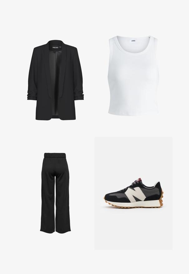 Fekete blézer sálgallérral, nyitott elülső résszel és feltekert ujjakkal. Simás anyag, fényes felülettel, látható zárások vagy részletek nélkül.; Fehér bordás ujjatlan top, kerek nyakkivágással és rövid hosszal. A címke szerint "JJXX". Sima szövettextúra.; Fekete, bővülő szárú nadrág, elasztikus derékkal, sima anyagból készült. Tiszta dizájn jellemzi, zsebek és látható varrási részletek nélkül.; Fekete és szürke velúr sportcipő nagy krémszínű "N" logóval, lila fűzőkkel és texturált gumi talppal.