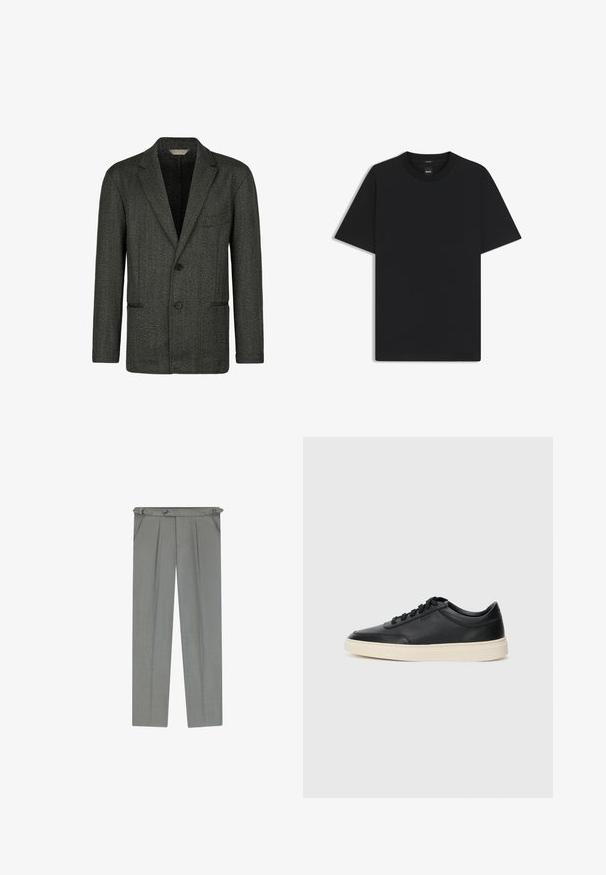 Dunkelgrauer Hahnentritt-Blazer aus strukturiertem Stoff, mit Reverskragen, zwei Knopfverschluss und vorderen Taschen.; Schwarz T-Shirt mit kurzen Ärmeln aus einem glatten Baumwollmix, mit Rundhalsausschnitt und einem minimalistischen Design ohne Muster oder Akzente.; Hellegrau maßgeschneiderte Hose mit strukturierter Oberfläche, ausgestattet mit Falten, Gürtelschlaufen und einem Knopfverschluss an der Taille.; Schwarzer niedriger Ledersneaker mit schwarzen Schnürsenkeln und cremefarbenem Sohlenrand, seitlich auf weißem Hintergrund dargestellt.