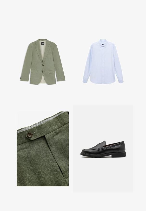 Jasnozielona marynarka dopasowana z klapami, dwoma przednimi kieszeniami z klapami i dwoma guzikami, wyeksponowana na płasko z metką BOSS wewnątrz.; Jasnoniebieska koszula z długim rękawem, zapinana na guziki, z klasycznym kołnierzykiem, prostym dołem i subtelną teksturą. Posiada centralne zapięcie na guziki.; Zielone lniane spodnie w odcieniu oliwkowym z plisami z przodu, posiadające zapięcie na guzik i kontrastową kratkowaną podszewkę w pasie.; Czarne syntetyczne mokasyny z wyraźnym przeszyciem z przodu, wyściełaną wkładką i płaską gumową podeszwą; smukły design z minimalnymi detalami.