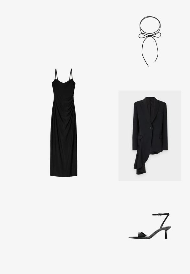 Viktor&Rolf - Żakiet; Czarna midi sukienka z cienkimi regulowanymi ramiączkami, z drapowaną formą i gładką teksturą. Brak widocznych wzorów lub ozdób.; Bershka - Sandały na obcasie; Czarna torebka z lakierowanej skóry o zaokrąglonym kształcie, z jednym paskiem na ramię, przednimi kieszeniami i akcentami w kolorze srebrnym.; Czarny naszyjnik-choker z kokardką. Wykonany z gładkiego materiału, posiada dwa końce z srebrnymi końcówkami. Prosty i minimalistyczny design.