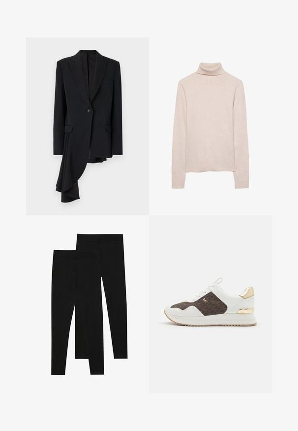 Viktor&Rolf ASYMMETRIC - Bleiseri - black; Vaaleanpunainen pooloneule, joka on valmistettu pehmeästä neulemateriaalista. Ominaisuuksiin kuuluvat pitkät hihat sekä ribbireunukset kauluksessa ja helman varrella. Klassinen istuva malli.; Mustat legginssit, jotka on valmistettu joustavasta kankaasta, joissa on saumaton vyötärö ja kapea malli, sopivat arkikäyttöön tai liikuntaan.; Valkoiset lenkkarit, joissa on ruskeasta kuviollisesta kankaasta valmistettu paneeli, kultaiset yksityiskohdat, pyöreä kärki, nauhakiinnitys ja teksturoitu kumipohja.