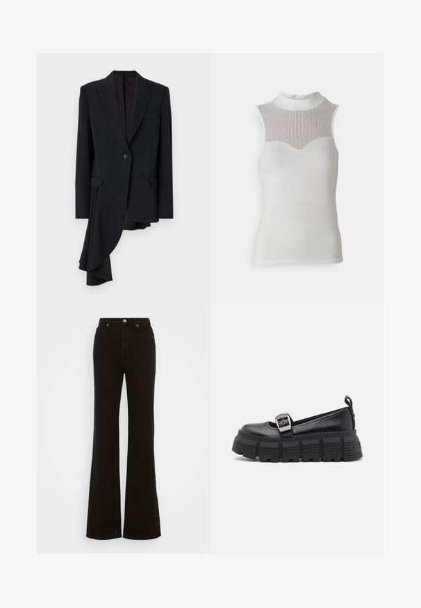 Viktor&Rolf ASYMMETRIC - Blejzr - black; Bílý bezrukávový top s vysokým krkem, který má texturovanou žebrovanou panel na hrudi a hladké tělo, vytvářející přiléhavý siluetu.; Černé riflové džíny se zvýšeným pasem a rozšířenými nohavicemi, vyrobené z denimu, s knoflíkovým zapínáním, bočními kapsami a hladkým povrchem.; Černé platformové polobotky s kulatou špičkou, hladkým koženým svrškem, nastavitelnou přezkou a texturovanou gumovou podešví se horizontálními rýhami.