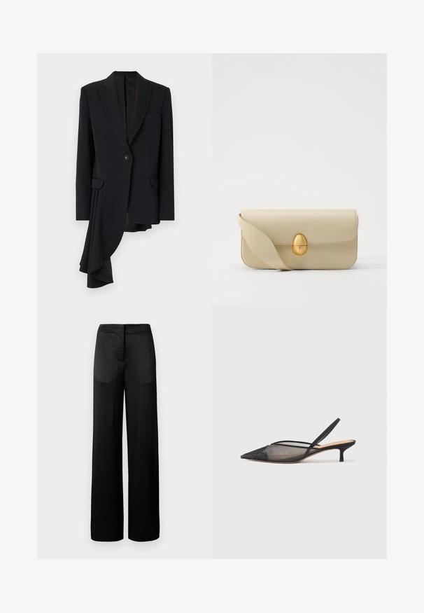 Viktor&Rolf ASYMMETRIC - Blazer - black; White cropped t-shirt with relaxed fit, short wide sleeves, round neckline, and side slits, made from soft cotton material.; Wide-leg black trousers with a textured surface, featuring a flat waistband and two side pockets. The fabric appears lightweight and flowing.; NEOUS IRENA - Classic heels - black; Beige leather handbag with a smooth texture, rectangular shape, and a golden oval clasp. Features a long, adjustable strap.