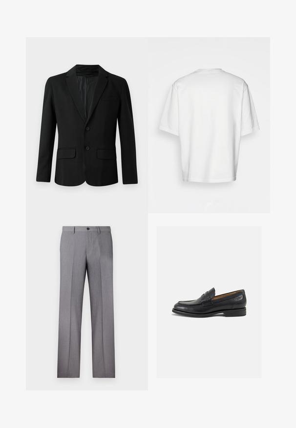 Zwarte blazer van gladde stof, met een enkelvoudige sluiting, twee voorkennis, een notched revers en twee knopen.; Witte t-shirt met korte mouwen, losse fit, ronde halslijn, gladde katoenen stof, ongeversierde achterkant, rechte zoom, geen patronen of accenten.; Grijze op maat gemaakte broek met een platte voorkant, twee zijzakken en een enkele knoopsluiting. Glad textuur met een subtiel streepjespatroon.; Zwarte leren loafers met een gladde afwerking, ronde neus en decoratieve stiksels op de wreef. Lage gestapelde hak en een lichte glans.