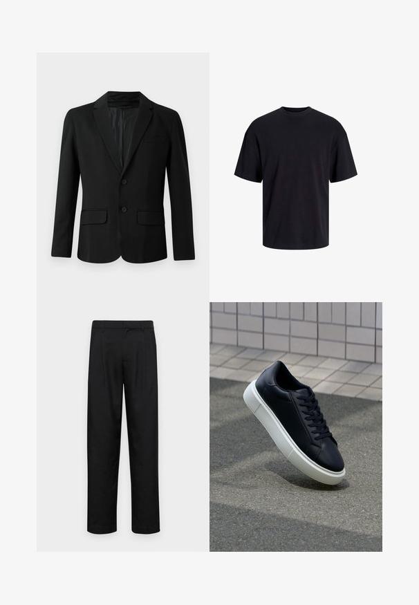 Czarna marynarka z gładkiego materiału, z jednorzędowym zapięciem, dwoma przednimi kieszeniami, klapami i dwoma guzikami.; Czarna bawełniana koszulka z okrągłym dekoltem, krótkimi rękawami i luźnym krojem. Gładka tekstura, bez widocznych wzorów czy akcentów.; Czarne spodnie wykonane z gładkiego materiału, z prostą nogawką, dwoma fałdami z przodu oraz standardowym paskiem z wypustkami na pasek.; Czarne skórzane sneakersy z okrągłym noskiem i białą gumową podeszwą. Posiadają płaskie sznurowadła i minimalne przeszycia na cholewce. Teksturowana podeszwa zapewnia przyczepność.