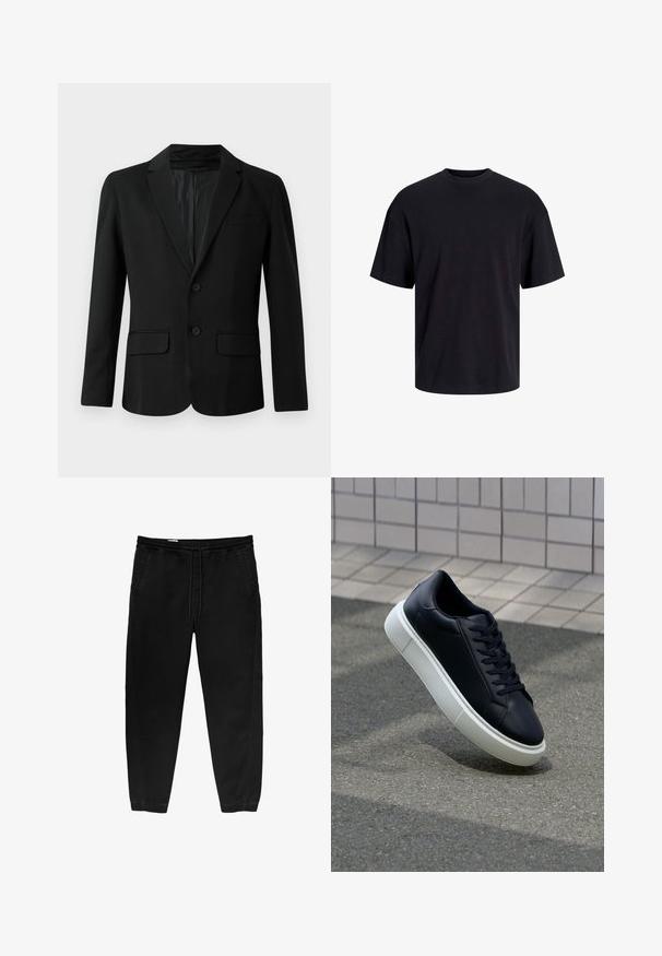 Schwarzer Blazer aus glattem Stoff, mit einem einreihigen Design, zwei Fronttaschen, einem Reverskragen und zwei Knöpfen.; Schwarzes Baumwoll-T-Shirt mit Rundhalsausschnitt, kurzen Ärmeln und lässiger Passform. Glatte Oberflächenstruktur und keine sichtbaren Muster oder Akzente.; Schwarze Hose mit elastischem Bund und Kordelzug, tapered Beinen, Seitentaschen und subtilen seitlichen Stickdetails. Weicher Baumwollstoff.; Schwarze Leder-Sneaker mit runder Zehenpartie und weißer Gummisohle. Verfügt über flache Schnürsenkel und minimale Nähte im Obermaterial. Strukturiertes Sohlenprofil für besseren Halt.