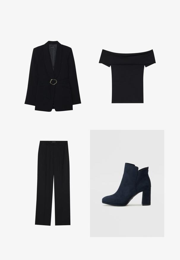 Fekete, szabott zakó, sálgallérral, övvel a deréknál, aranyszínű fémcsattal, és két elülső zsebbel. Sima szövettextúra.; Fekete, vállnál szabott felső, puha, rugalmas anyagból készült. Rövid ujjakkal és fitted sziluettel rendelkezik. Egyszerű, varrás nélküli kialakítás.; Fekete nadrág egyenes szárú kialakítással, két első zsebbel és derékrésszel. Simának és könnyű anyagból készült.; Tamaris Magassarkú bokacsizmák - navy