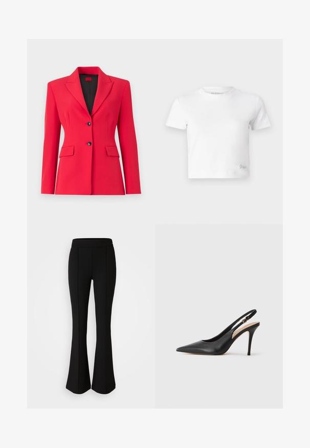 Rød skreddersydd blazer med split krage, to frontlommer og doble svarte knapper. Glatt tekstur, strukturert passform og lett fôr.; Hvit, cropped t-skjorte laget av glatt bomull, med høy hals og korte ermer. Liten brodert logo i nederste hjørne.; Svarte vide bukser laget av et elastisk materiale med en glatt tekstur, og har sømdetaljer langs fronten for ekstra design.; Svart lær slingback høye hæler med spiss tå, glatt tekstur og en delikat stropp med en metallisk spenne.