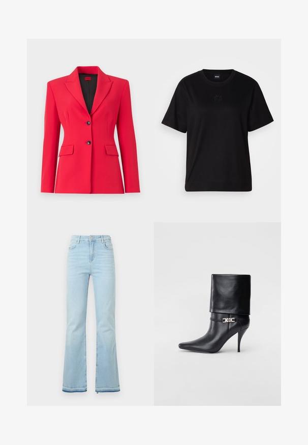 Blazer rosso su misura con revers a dente di cavallo, due tasche frontali e doppi bottoni neri. Texture liscia, vestibilità strutturata e fodera leggera.; Maglietta in cotone nera con scollatura tonda, maniche corte e logo ricamato sul petto. Design semplice e vestibilità rilassata senza motivi.; Jeans flare azzurri in denim, caratterizzati da una vita alta, tasche anteriori e un orlo grezzo ai polsini per un look casual.; Stivale ankle in pelle nera con punta affusolata, alto tacco a stiletto, risvolto sulla caviglia e un elegante dettaglio in oro con fibbia decorativa.