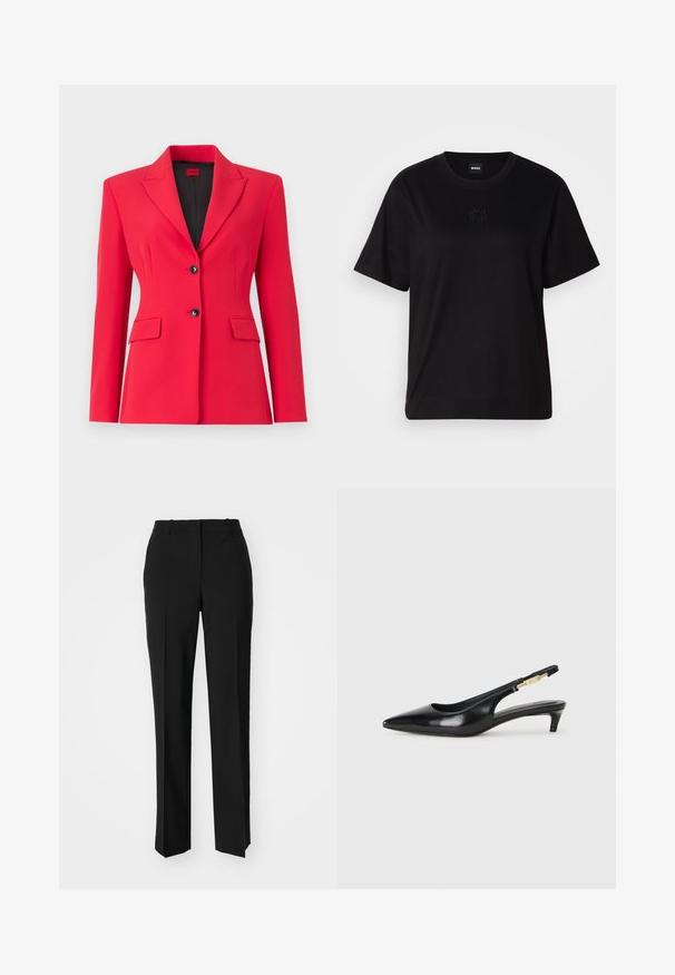 Piros szabott zakó, kapucnis hajtókával, két elülső zsebbel és dupla fekete gombbal. Simább textúra, strukturált fazon és könnyű bélés.; Fekete pamut póló kerek nyakkivágással, rövid ujjakkal és hímzett logóval a mellkasán. Egyszerű, laza szabás, minta nélkül.; Fekete, testhezálló nadrág egyenes szárú kivitelben, sima textúrával és éles redőkkel az elején. Nincs látható fémalkatrész.; Fekete bőr slingback magassarkúk, hegyes orral, vékony sarkakkal és arany színű részlettel a állítható pánton. Simа felület.
