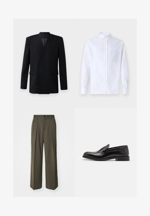 Svart blazer med en omslagdesign, som har en enda knappstängning, två framfickor och en ståkrage. Slät tygtextur.; Vit långärmad skjorta med knappar, tillverkad av bomull, med en bröstficka med ton-i-ton broderi, krage och knappmanchetter.; Filippa K WIDE TROUSERS - Tygbyxor - driftwood; Svarta läderloafers med en slät yta, rund tå och ett dekorativt band över främre delen. Låg staplad klack, minimalistisk design.