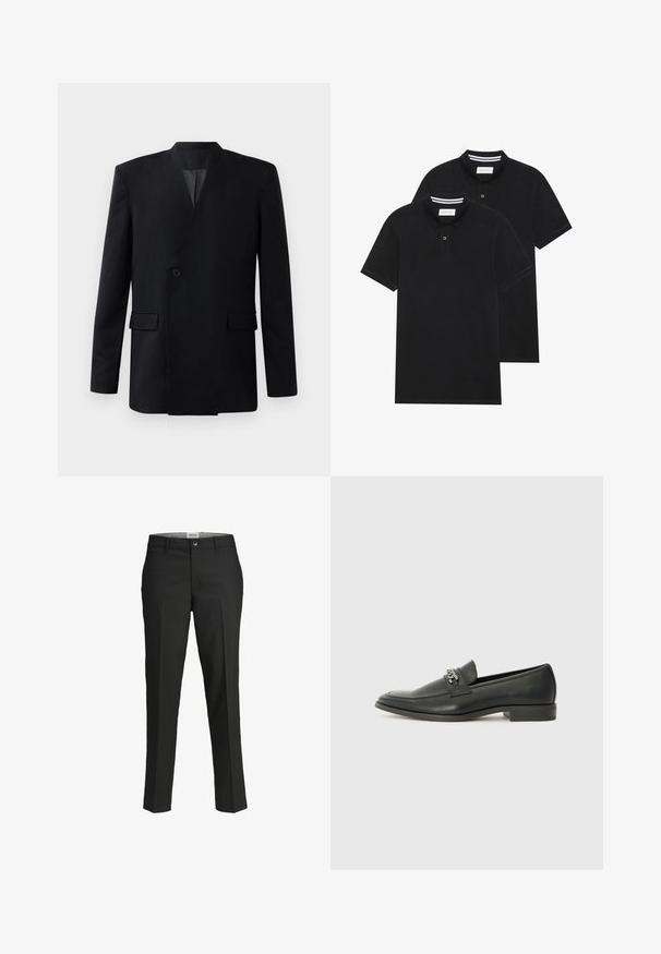 Černé sako s překříženým designem, které má jedno tlačítko na zapínání, dvě přední kapsy a stojáček. Hladká textilie.; Dvě černé polokošile s krátkým rukávem z bavlny, s klasickým límcem, dvouknoflíkovou légou a bílými pruhovanými akcenty uvnitř límce.; Černé kalhoty, s přiléhavým střihem, hladká tkanina, střední pas, přední zapínání na knoflík, šikmé kapsy a záhyby podél nohavic.; Černé kožené mokasíny s hladkým povrchem, s prošívaným designem a dekoračním kovovým řetízkem přes nárt. Plochý podpatek.