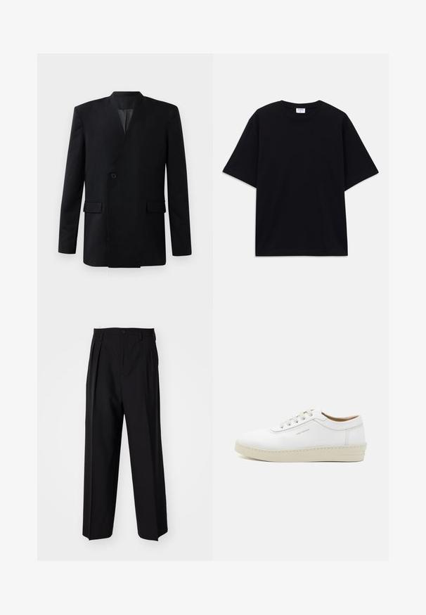 Svart blazer med en omslagdesign, som har en enda knappstängning, två framfickor och en ståkrage. Slät tygtextur.; Svart kortärmad oversized T-shirt med rund halsringning och synlig Filippa K-märkesetikett inuti kragen.; Svarta plisserade byxor med en rak, bred bendesign. Tillverkade av ett slätt tyg, med knäppning fram och bälteshällor.; Vita lädersneakers med texturerad yta, rund tå, beige gummisula och sex grå snörhål, med subtil branding på sidan.